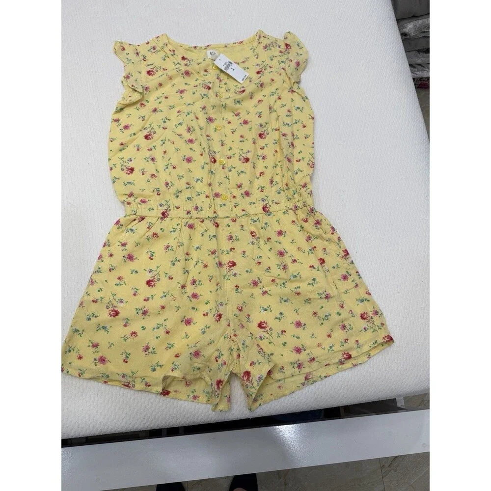 GAP Kids Girls M Yellow Floral Romper Ruffle Sleeve Button Front NWT